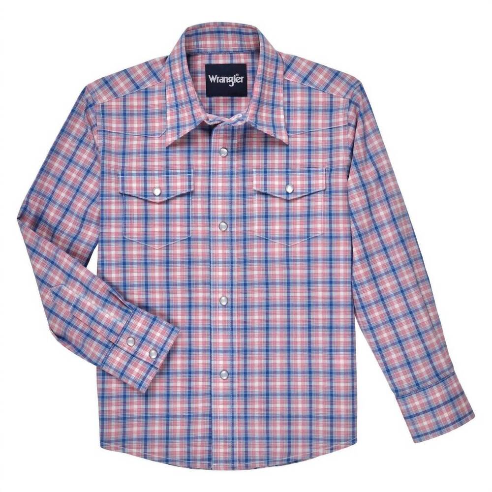 NEW WRANGLER boy's classic fit long sleeve shirt in pink/blue
